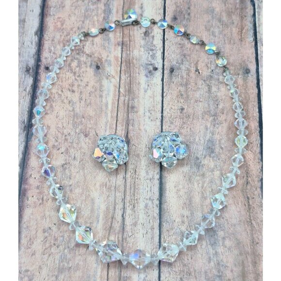 Vintage AB Crystal Collar Necklace & Clip On Cluster Earrings Set Arora Borealis - Picture 9 of 11